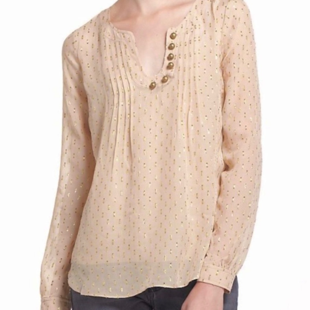 Sheer Cream Chiffon Blouse with Metallic Gold Thread Plenty by Tracy Reese